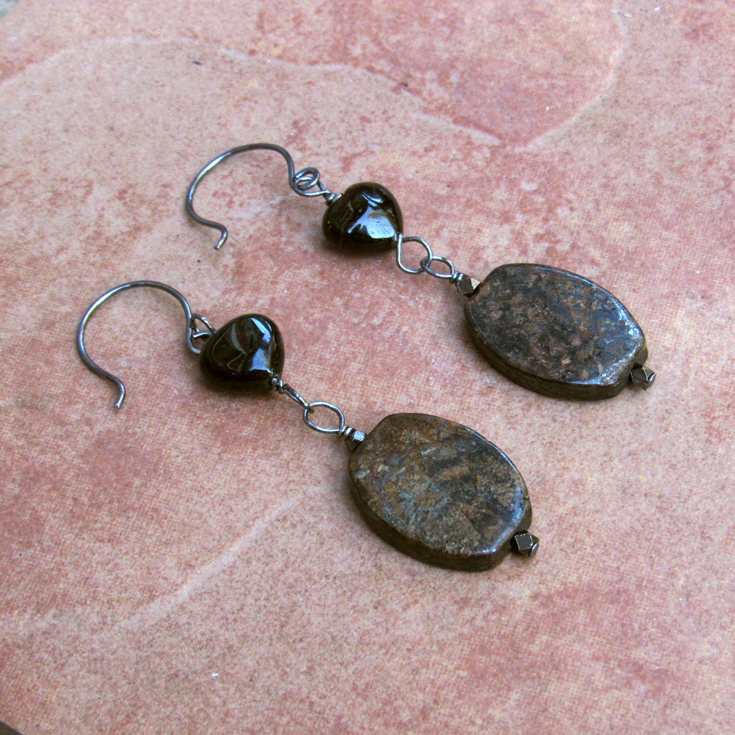 Bronzite and Tourmaline Gemstone Heart w/ Oxidized Sterling Silver Drop Earrings
