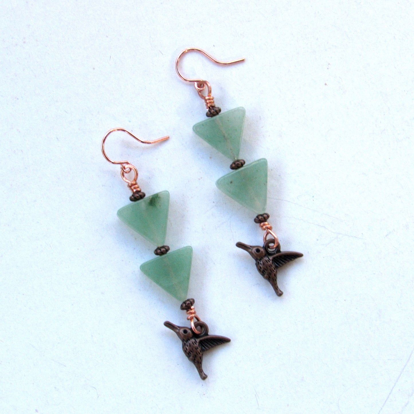 Green Aventurine gemstone Copper Hummingbird Drop Earrings