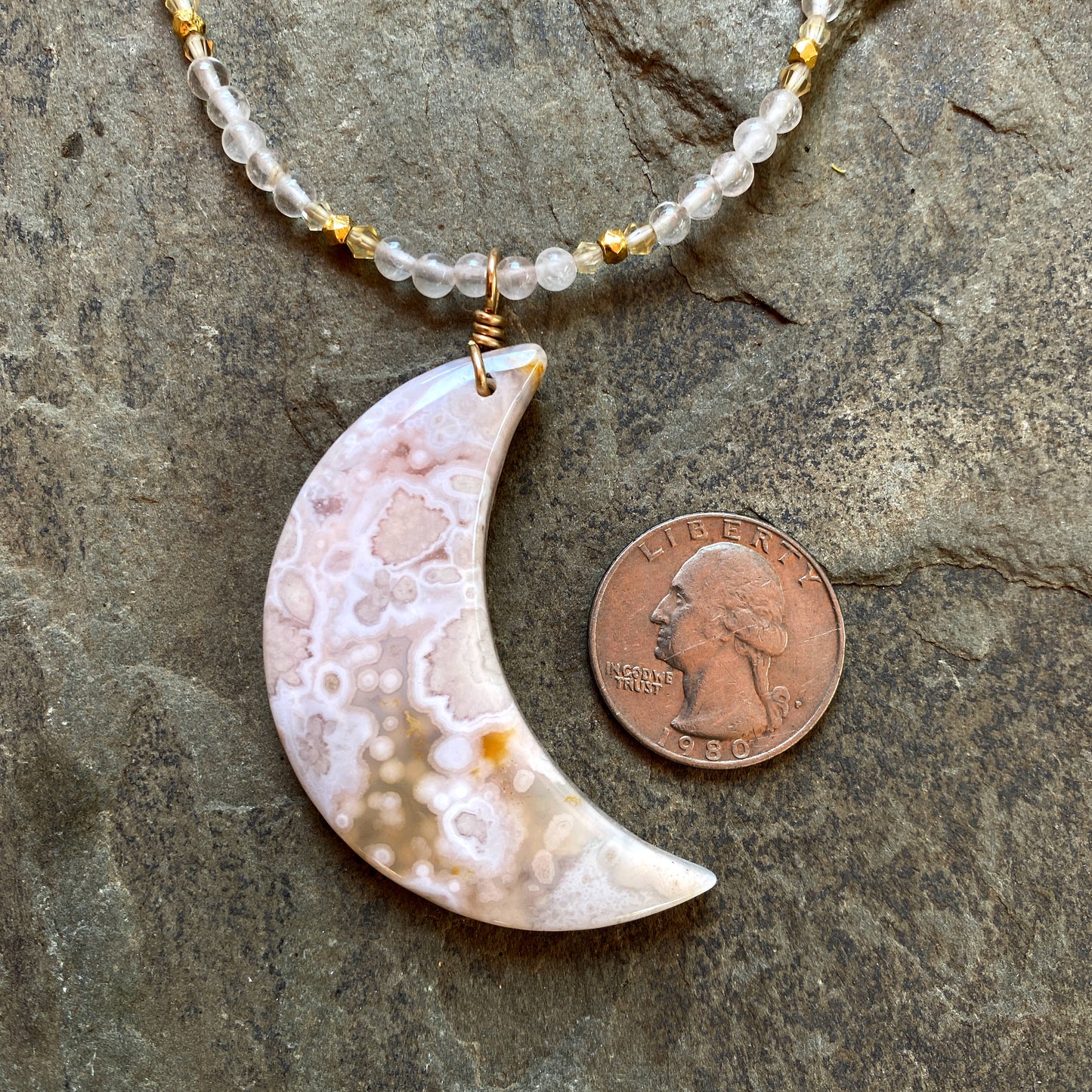 Cherry blossom agate moon pendant, on Rose quartz, citrine, 14 kt GF necklace