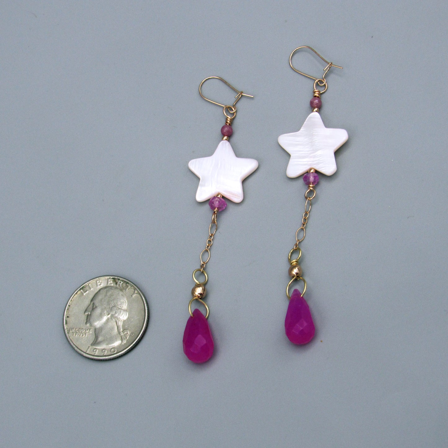 Pink Star Mother of Pearl, Pink Topaz, Pink Jade, Pink Tourmaline, 14 kt Rose GF Earrings