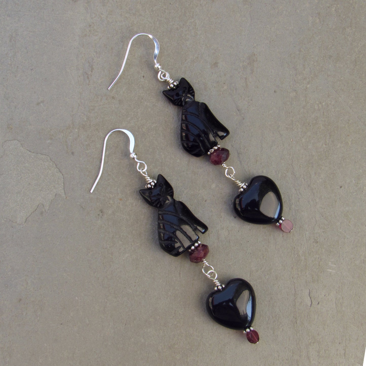 Onyx gemstone Cats and Hearts, Garnets & Sterling Silver Earrings