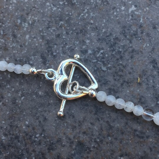 Striped Onyx heart pendant on beaded Moonstone & Clear Quartz Gemstone necklace