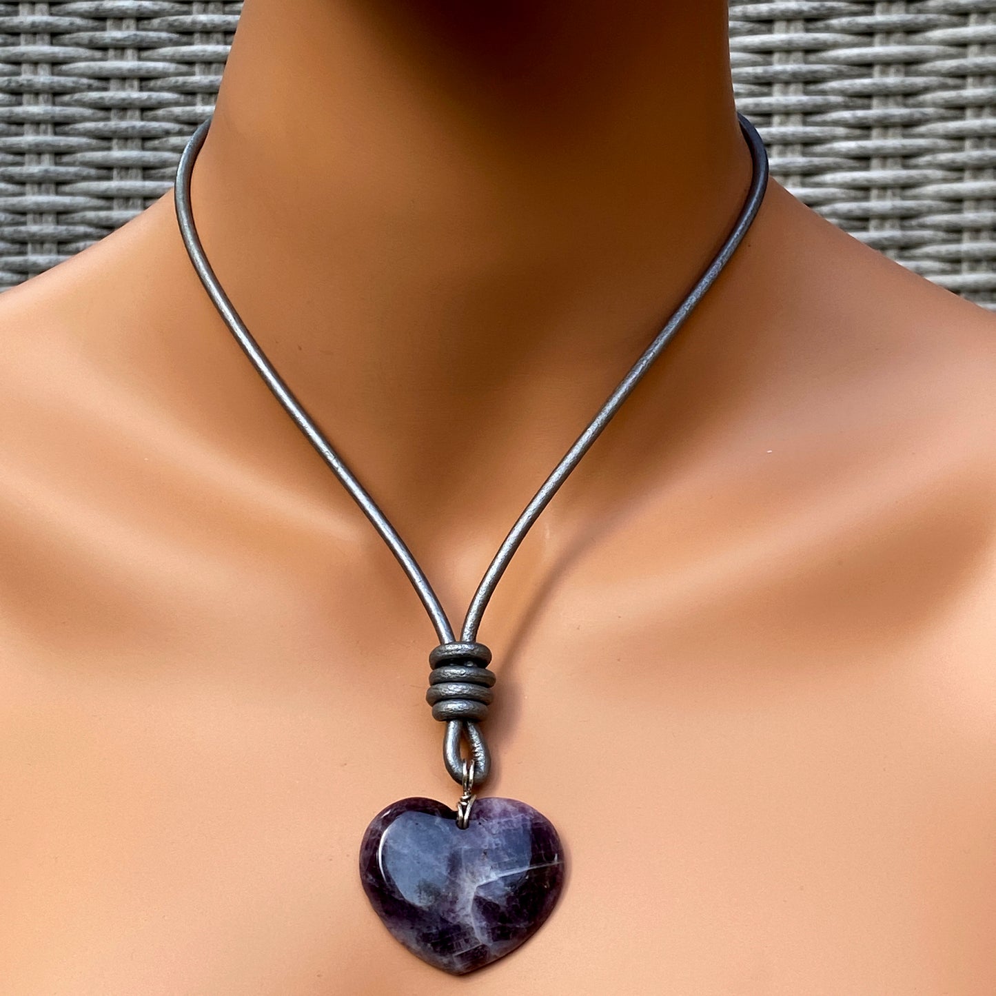 Amethyst gemstone Heart on Leather w/ Sterling Silver Clasp