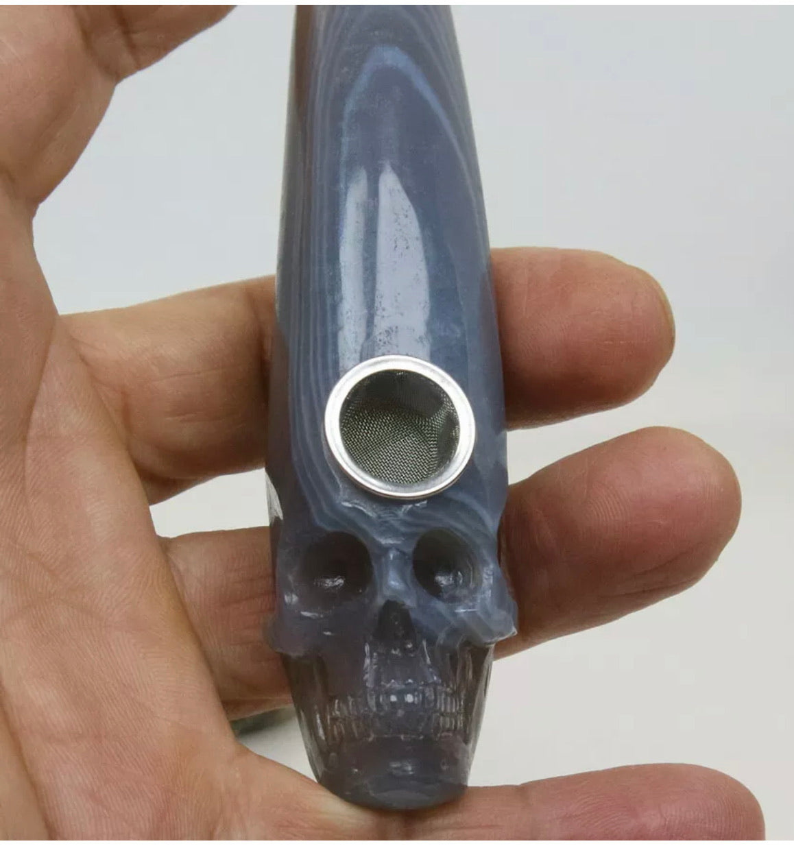 Gray Stripe Agate jade gemstone Skull Pipe