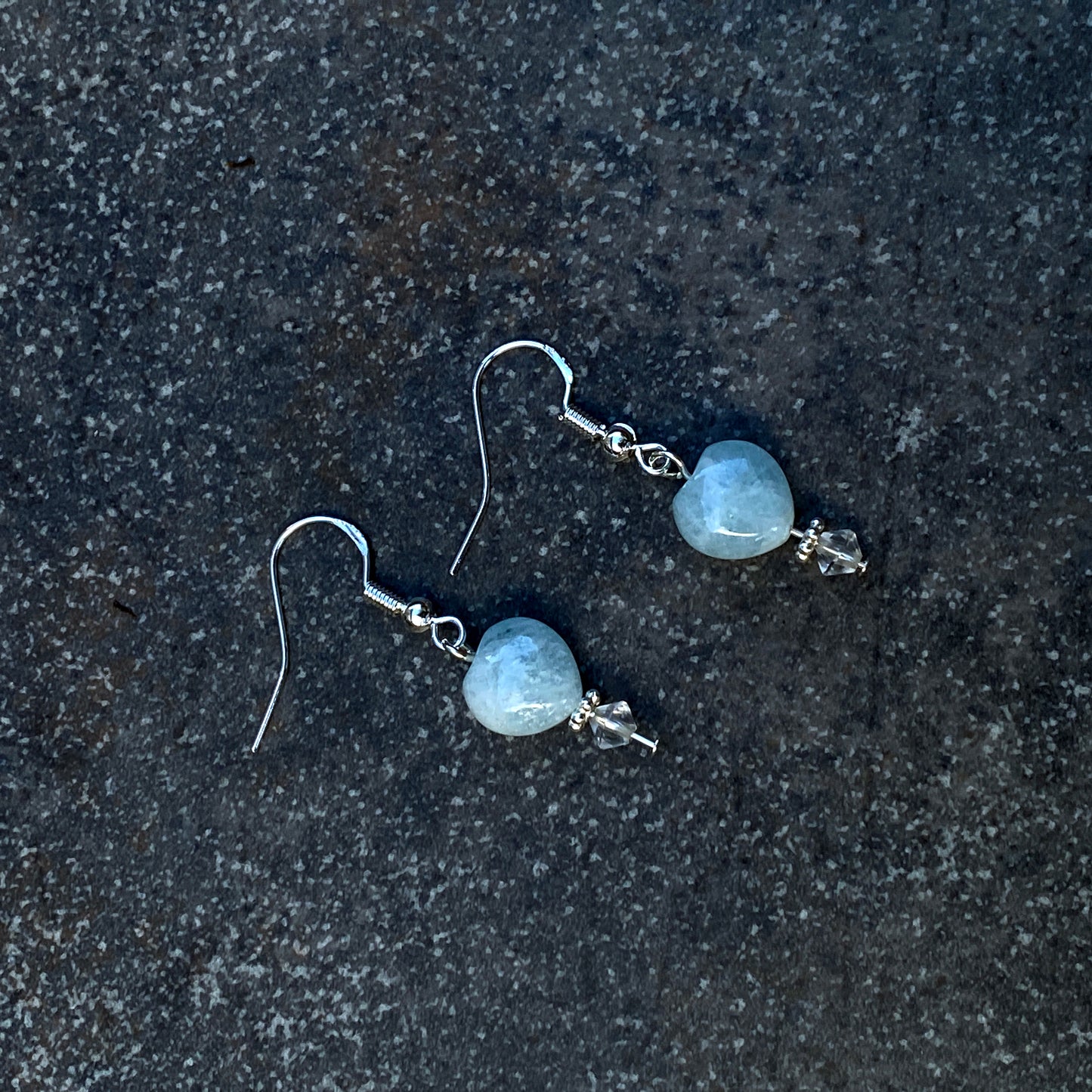 Aquamarine Hearts, Clear Quartz gemstone, and Sterling Silver Drop Earrings