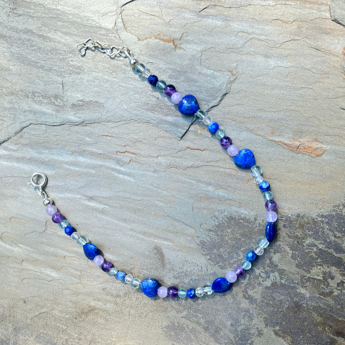 Beautiful Lapis Lazuli heart, clear quartz, fluorite, amethyst, sterling silver anklet