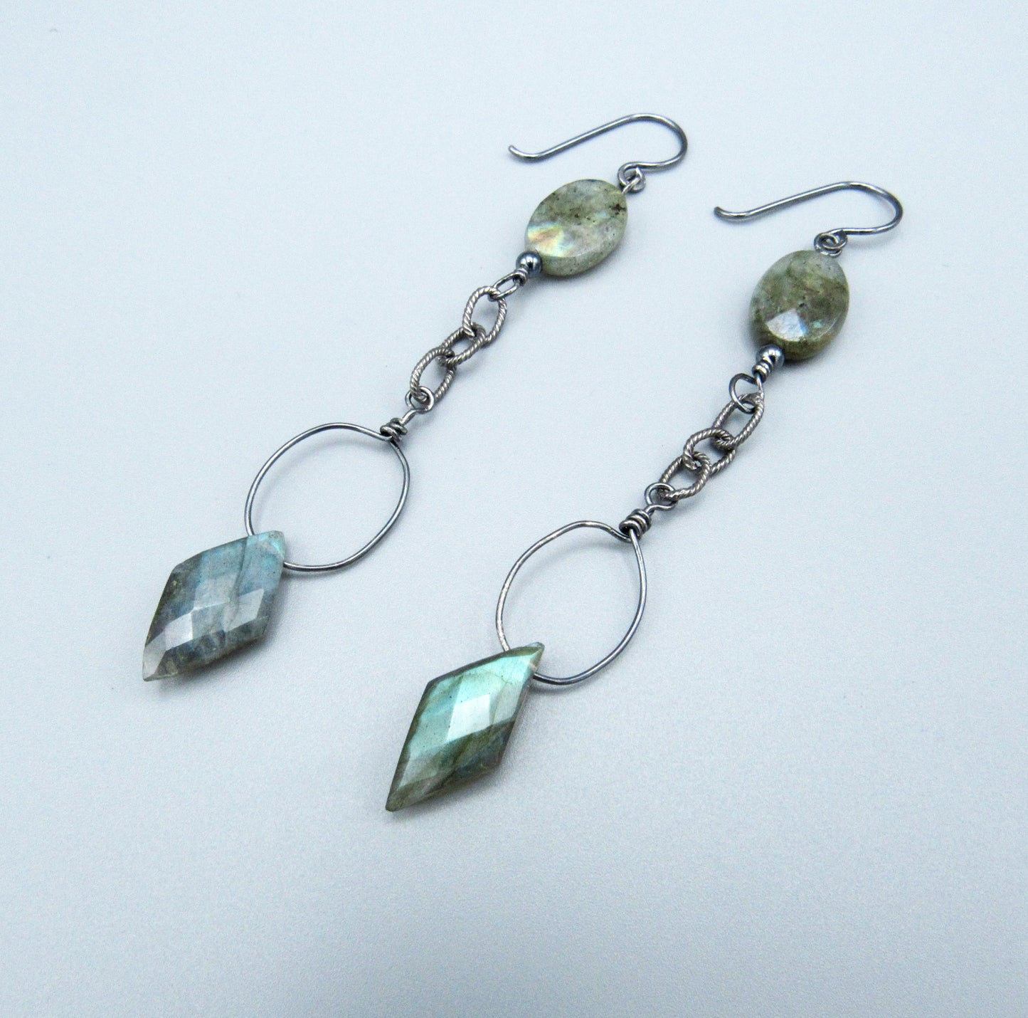 Labradorite and Oxidized Sterling Silver Chain Drop Earrings
