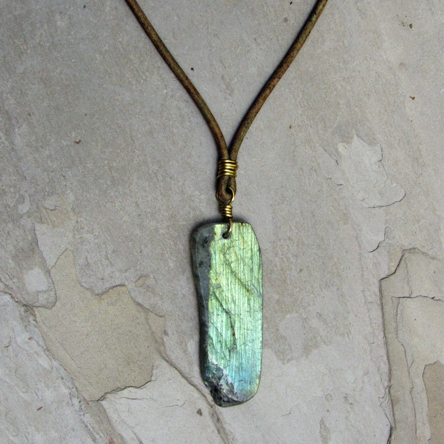 Labradorite gemstone hand wrapped with Brass on leather necklace