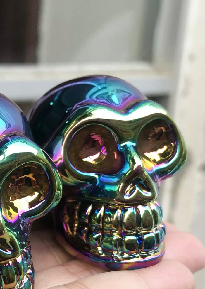 Rainbow Titanium Aura quartz gemstone carved skull