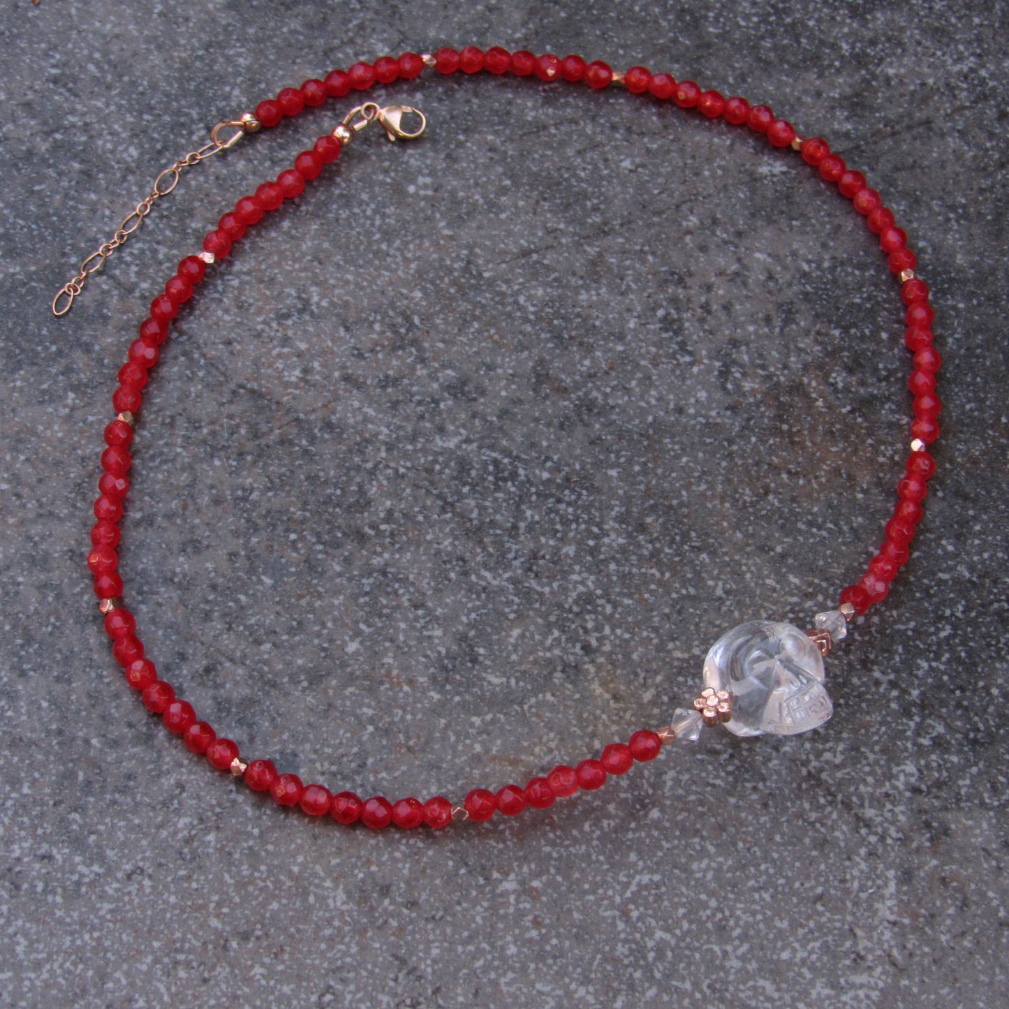 Red agate gemstones, Clear Quartz, 18 kt Rose gold vermeil over sterling silver flowers beaded choker