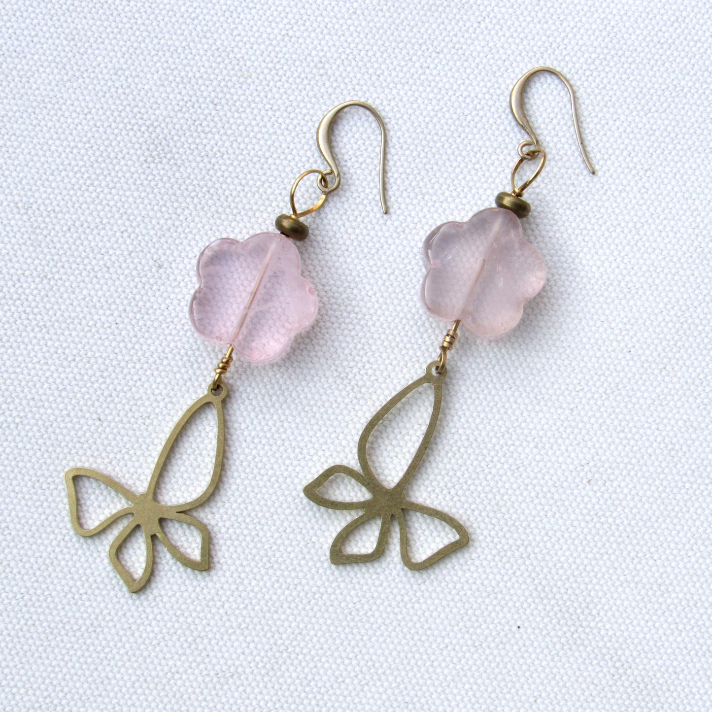 Rose Quartz gemstone Flowered Brass Butterfly Drop Earrings