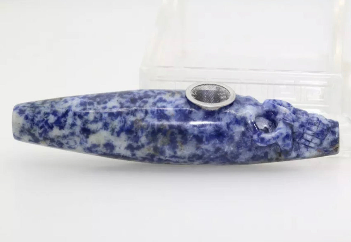 Blue Dot Jasper gemstone skull pipe