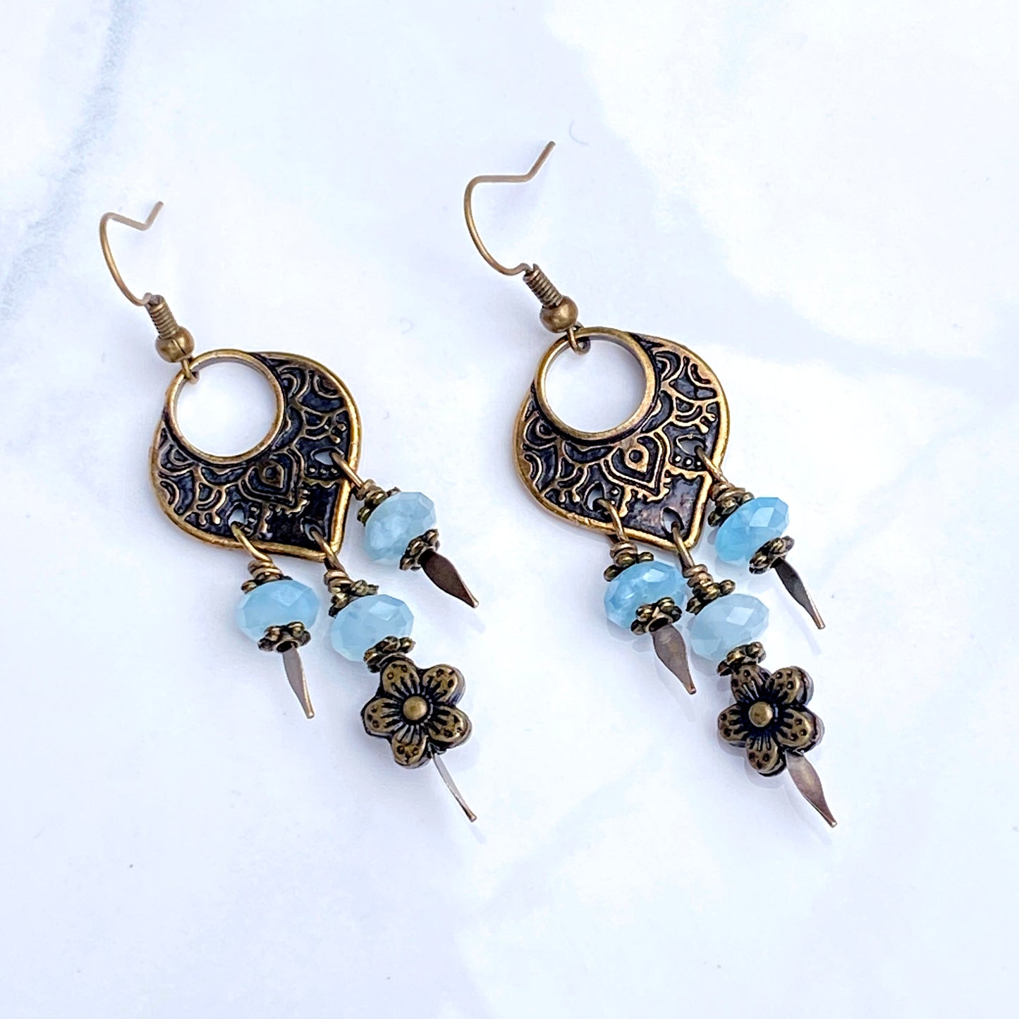 Aquamarine gemstone and brassChandelier Earrings