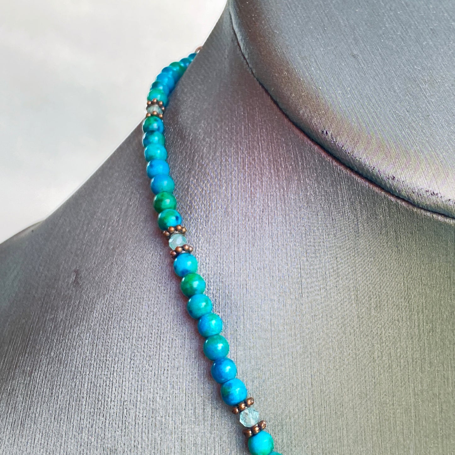 Natural Turquoise gemstone and copper Sun pendant beaded necklace