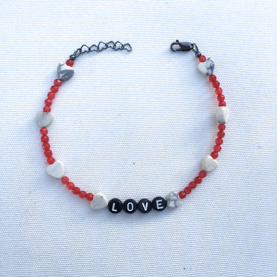Women's "LOVE" Red Agate, White Turquoise Gemstone heart and oxidized Sterling Silver anklet