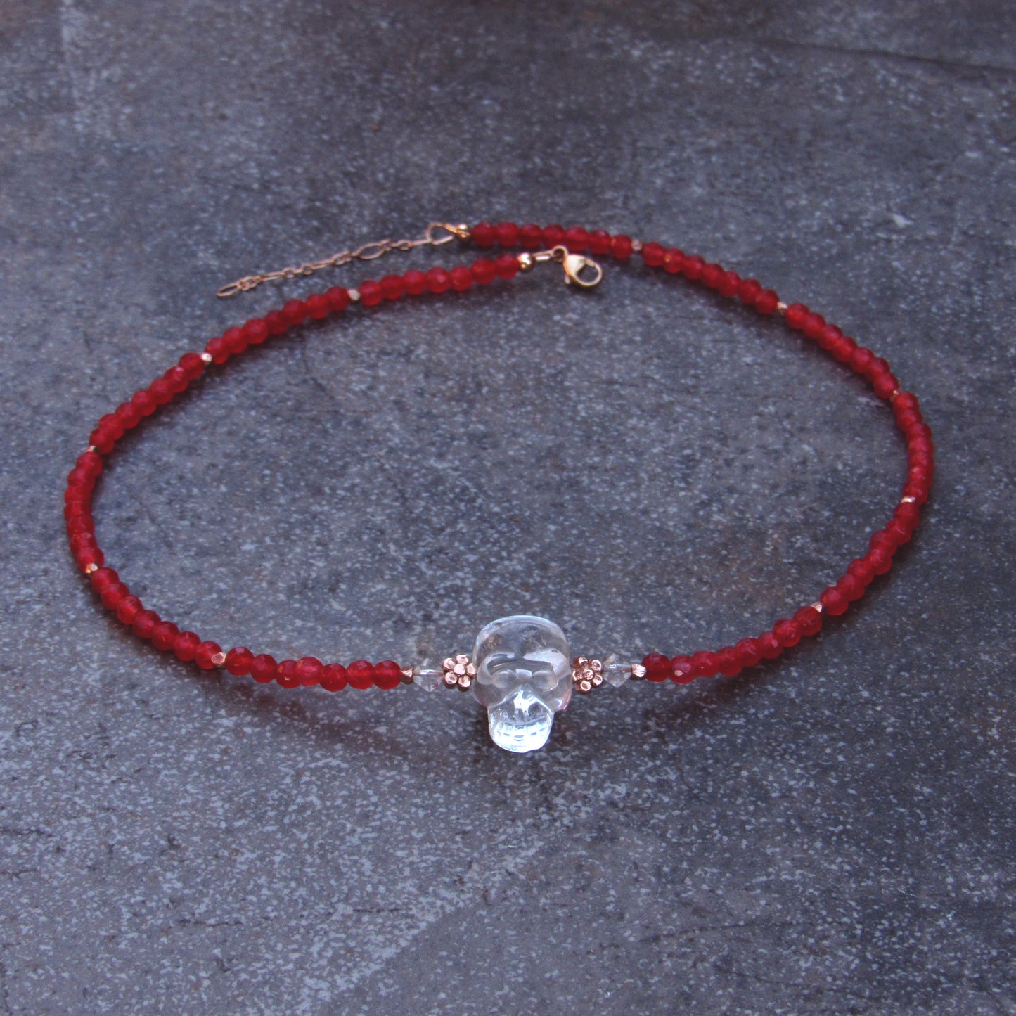 Red agate gemstones, Clear Quartz, 18 kt Rose gold vermeil over sterling silver flowers beaded choker