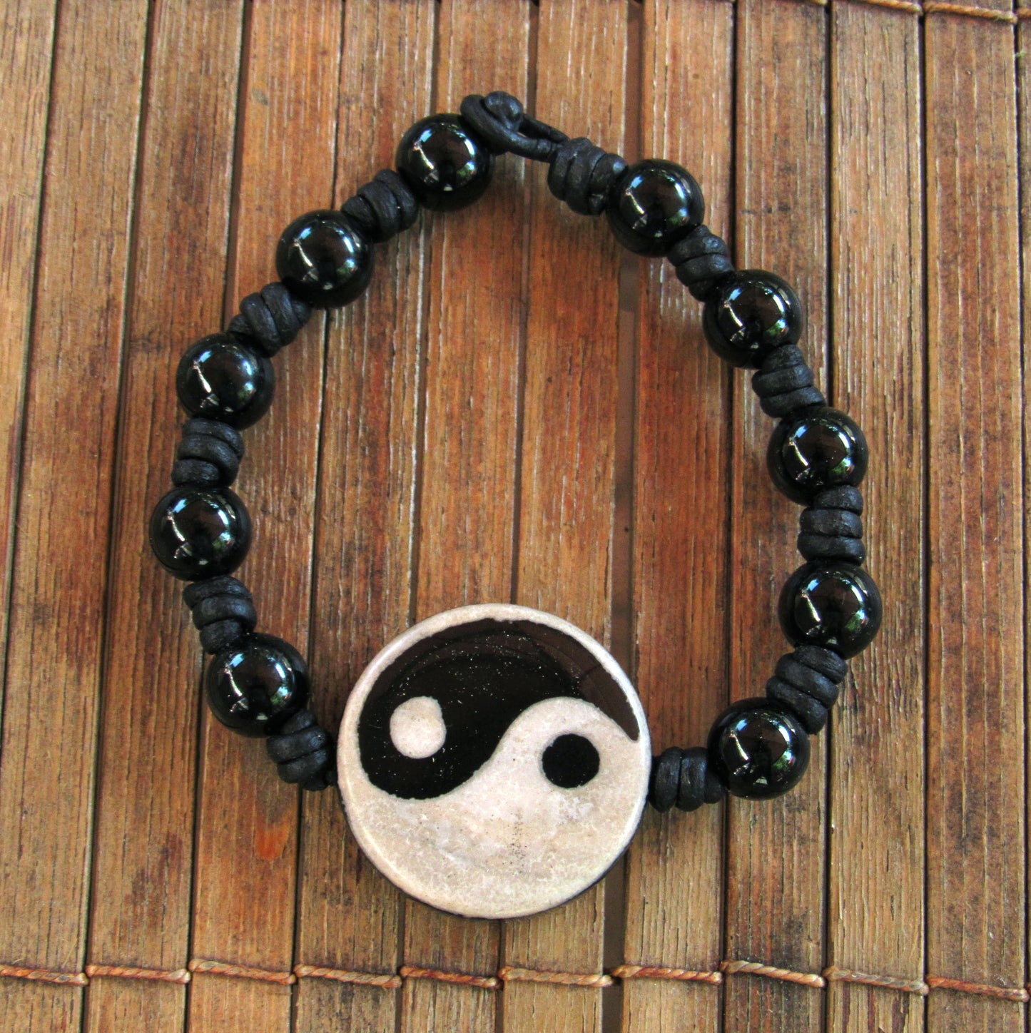 Black Agate and Agate Gemstone Yin Yang Leather Bracelet