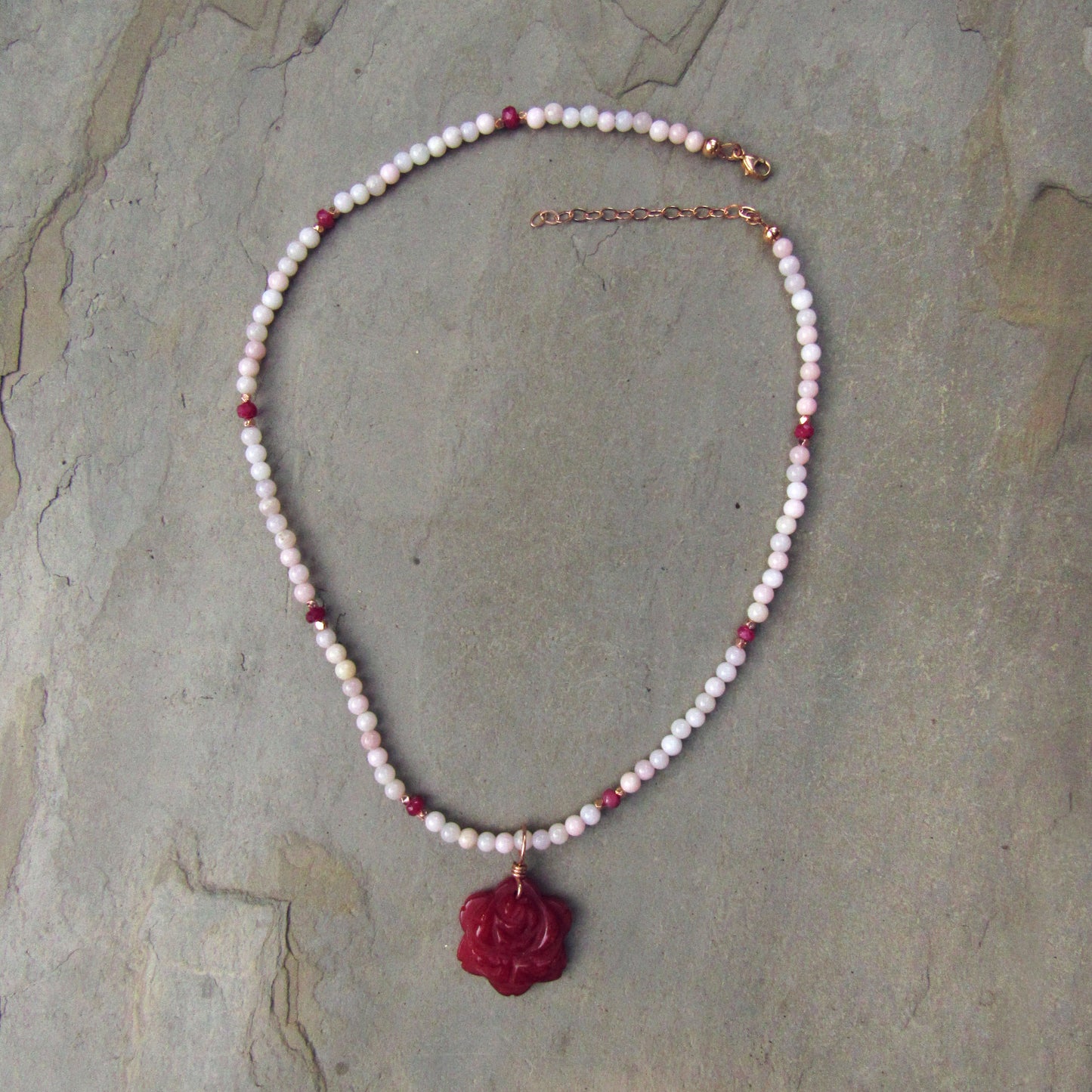 Red Agate Gemstone Flower w/ Pink Opals and Rubies and 14 kt Rose GF Necklace
