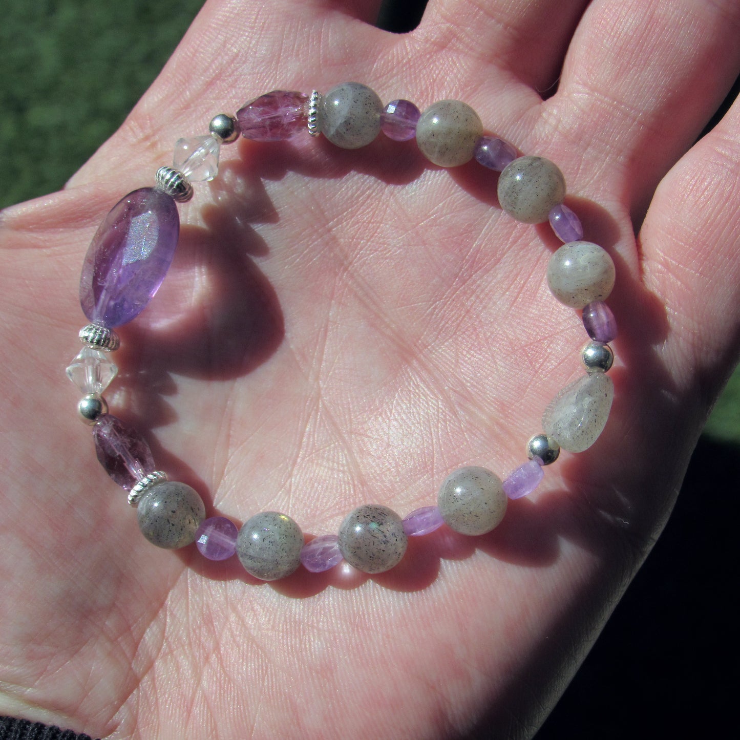 Amethyst Gemstones and Labradorite Heart, Clear Quartz, Stretch Bracelet w/ Sterling Silver