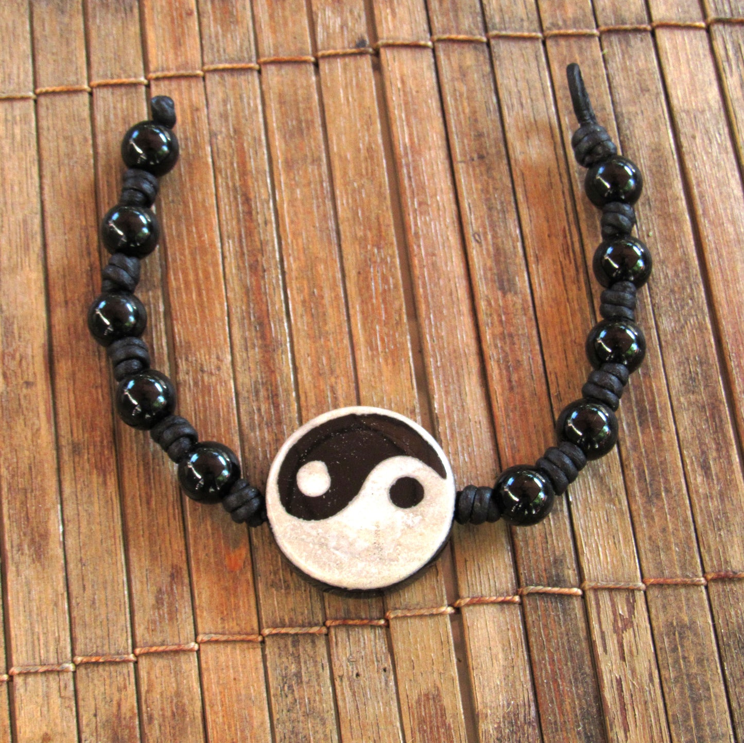 Black Agate and Agate Gemstone Yin Yang Leather Bracelet