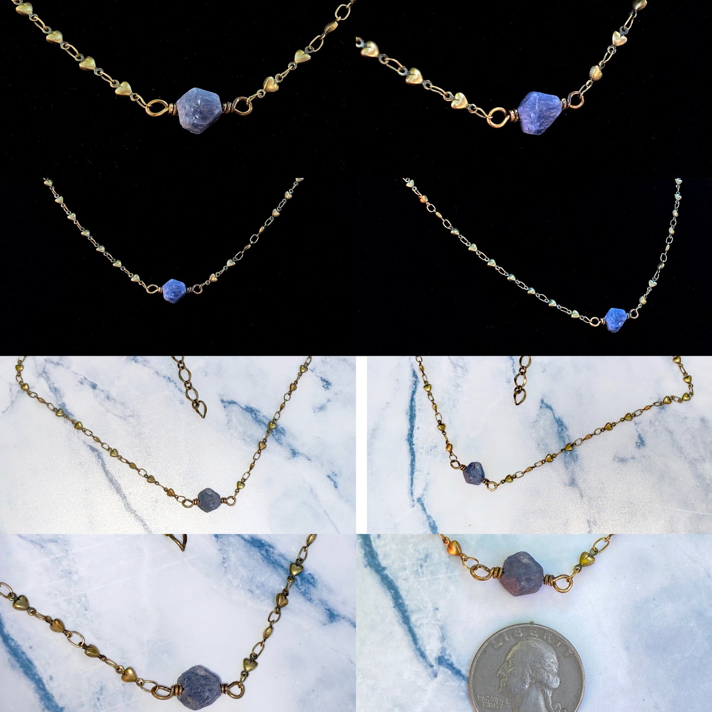 Raw Blue Sapphire gemstone on Brass Heart Chain Necklace
