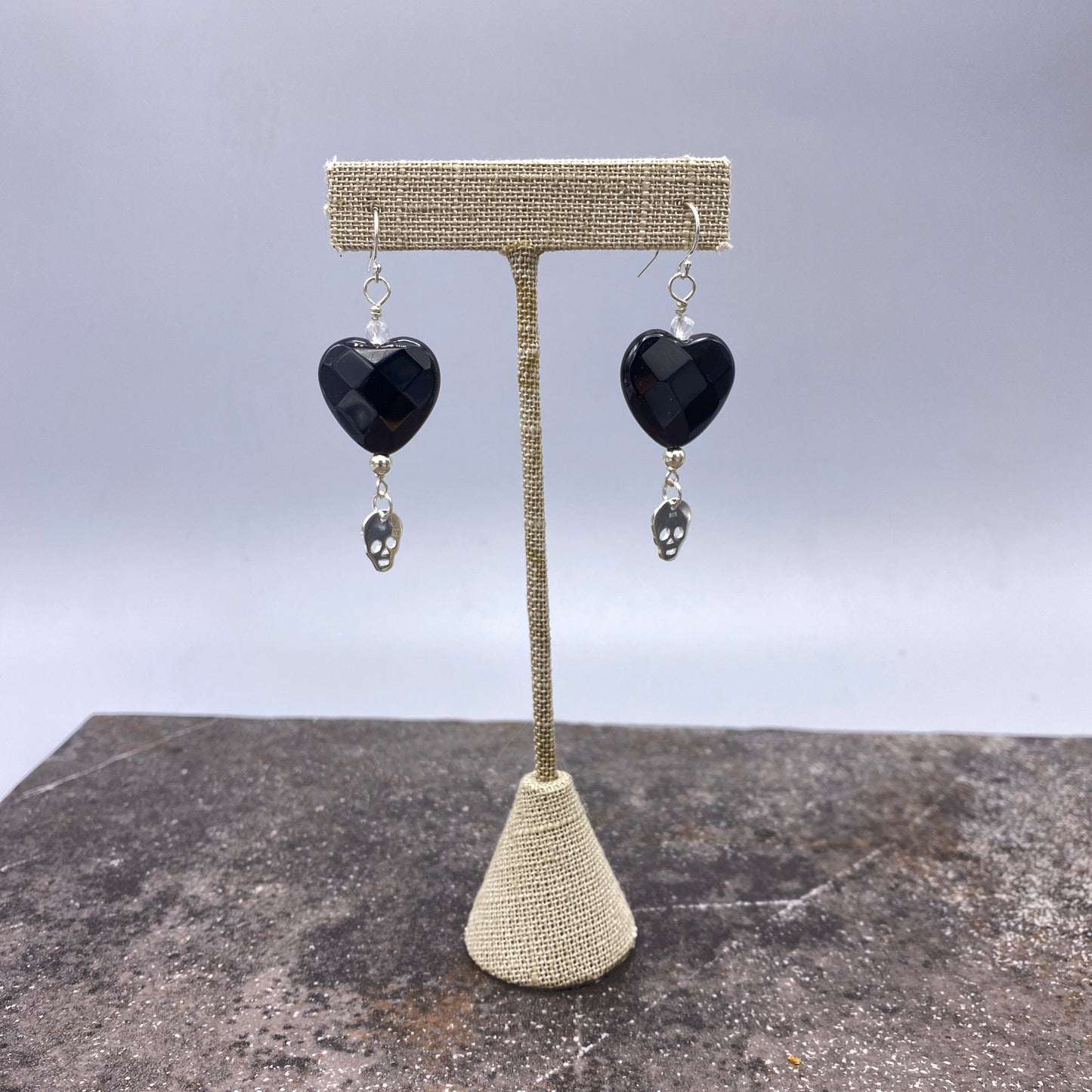 Faceted Onyx Heart, Moonstones, Sterling Silver Skulls, Drop Earrings