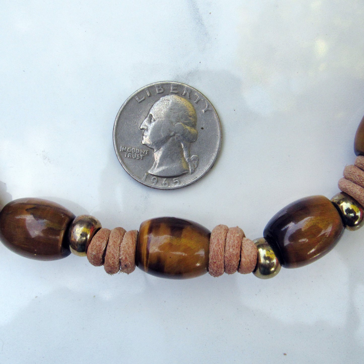 Tiger Eye and Brass Hand Knotted on Natural Leather Necklace