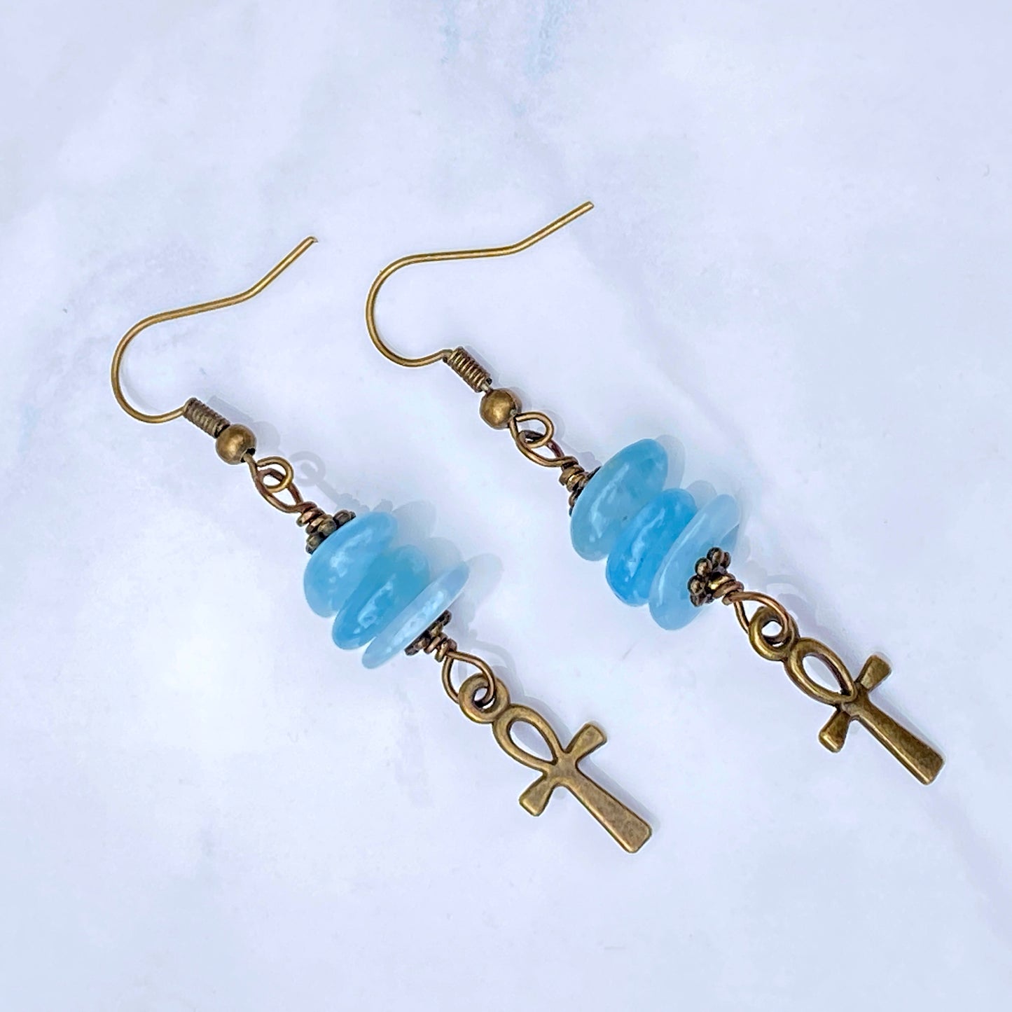 Aquamarine gemstone with brass Ankh Earrings