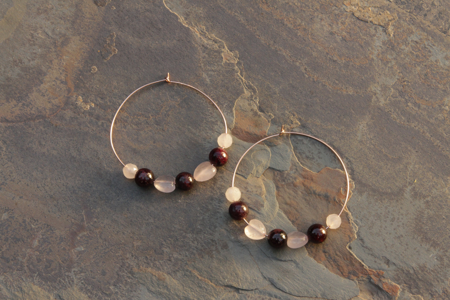 Rose gold filled hoops rose quartz and garnet gemstones