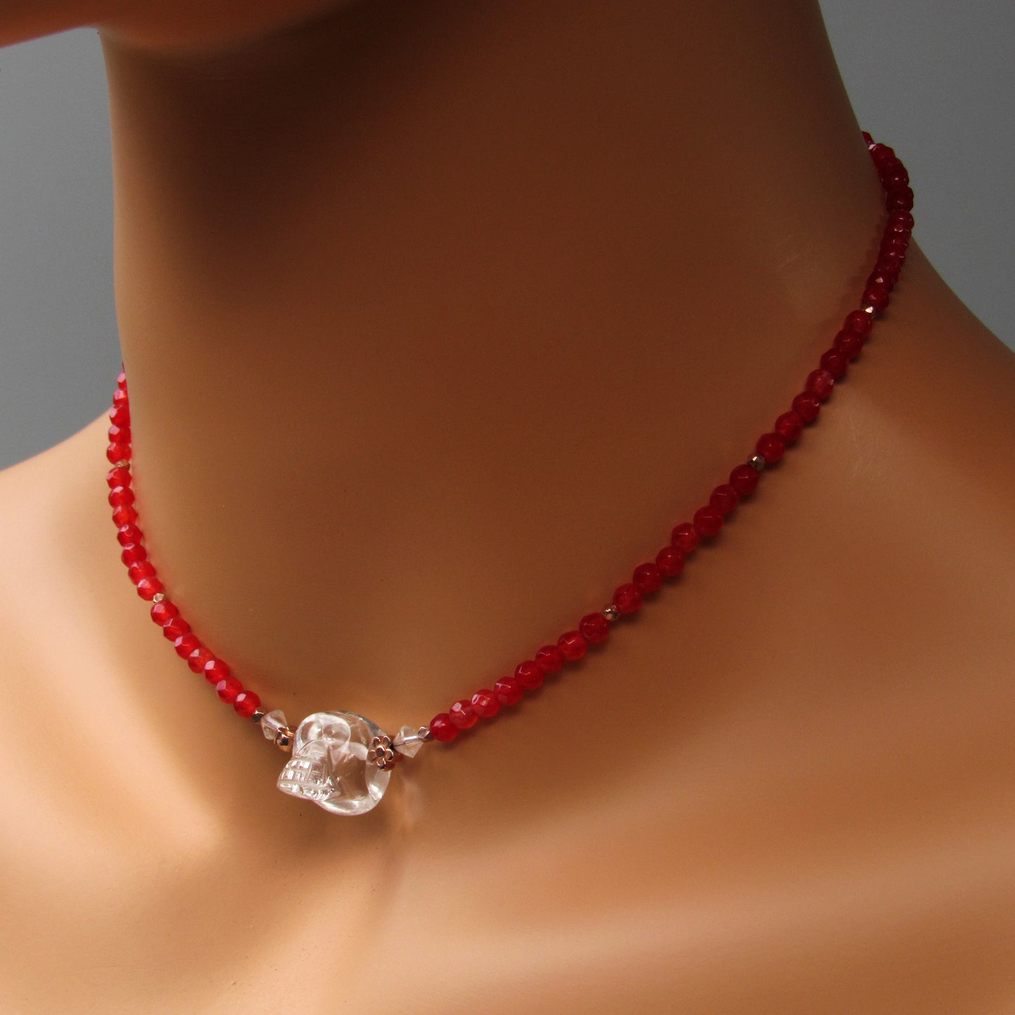 Red agate gemstones, Clear Quartz, 18 kt Rose gold vermeil over sterling silver flowers beaded choker