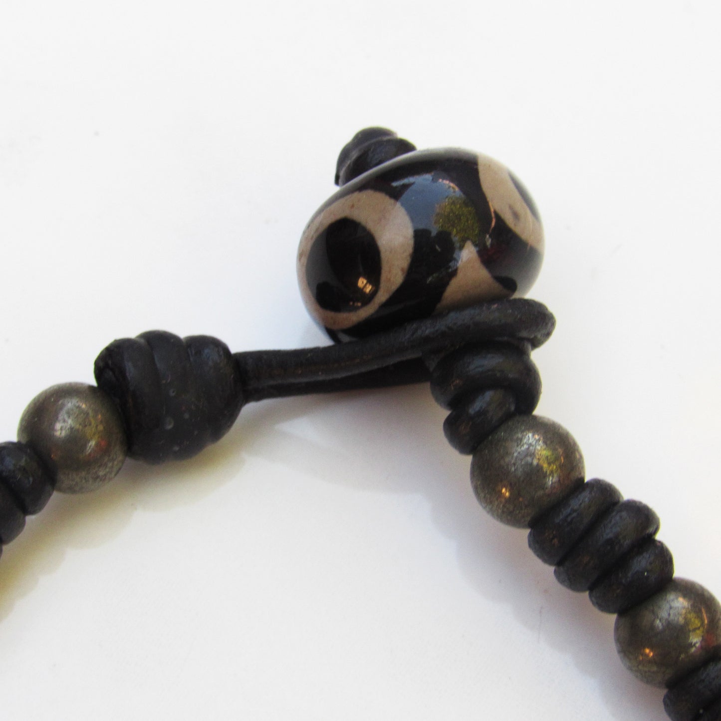 Leather Hand Knotted Pyrite and Tibetan Agate Bracelet