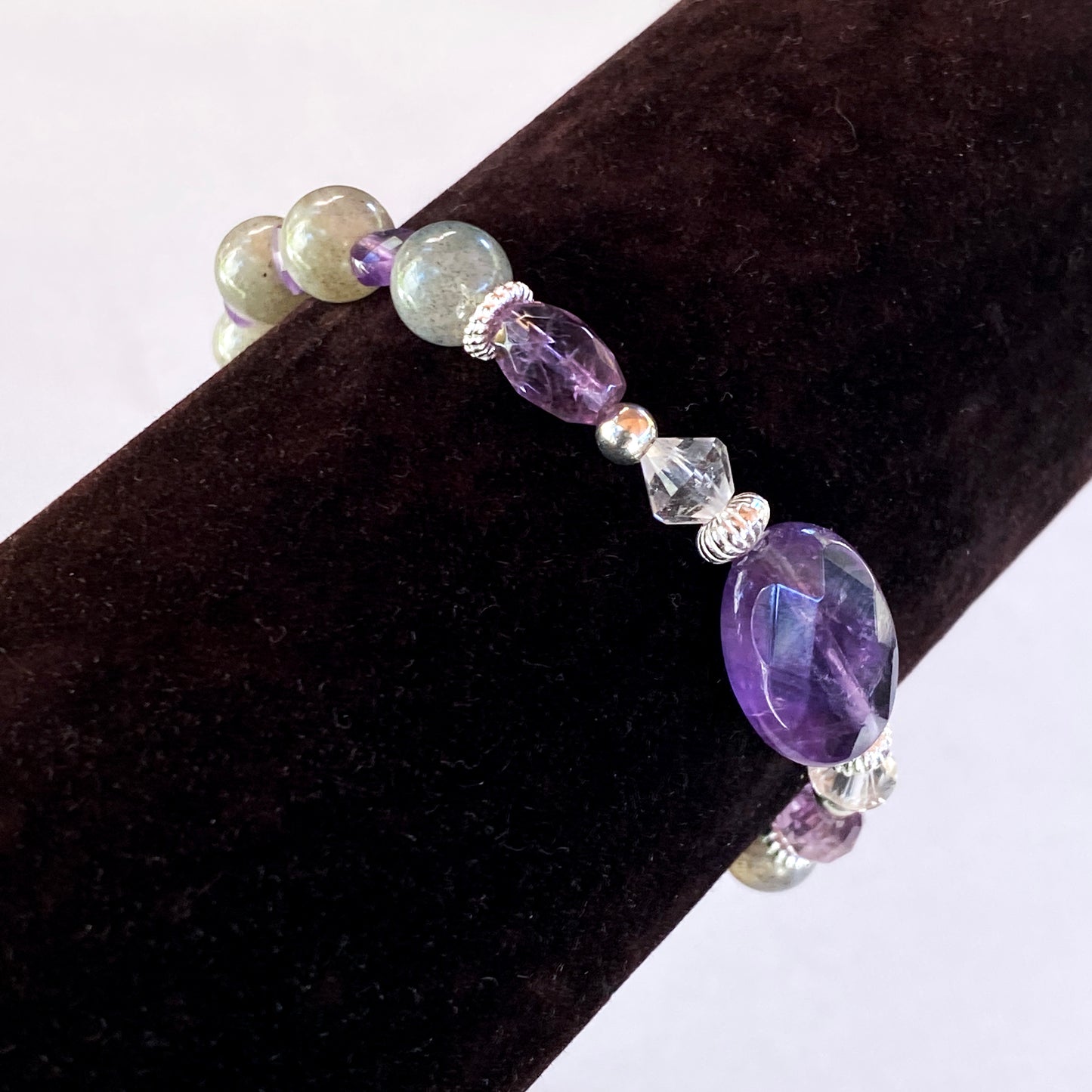 Amethyst Gemstones and Labradorite Heart, Clear Quartz, Stretch Bracelet w/ Sterling Silver