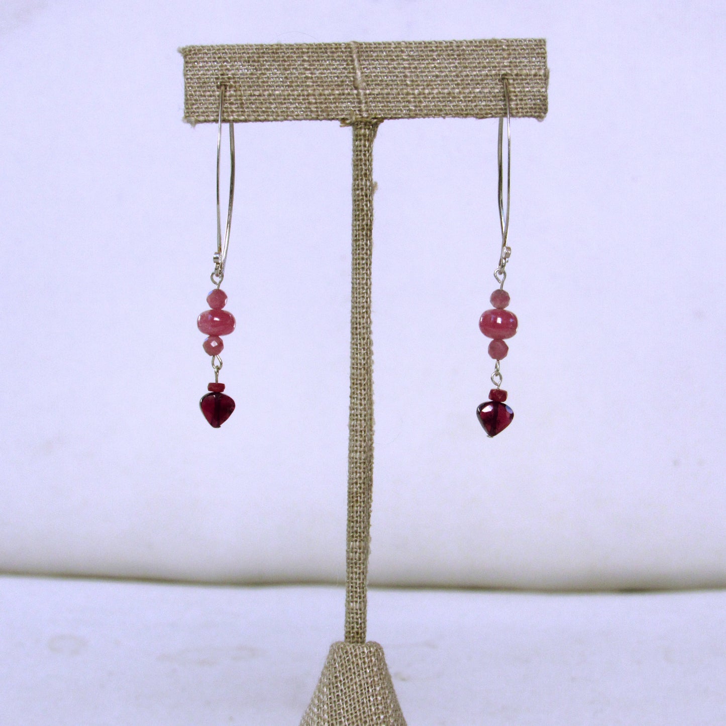 Pink Sapphires, Pink Tourmaline, Red Rubies, and Garnet gemstone Hearts w/ Sterling Silver Drop Earrings