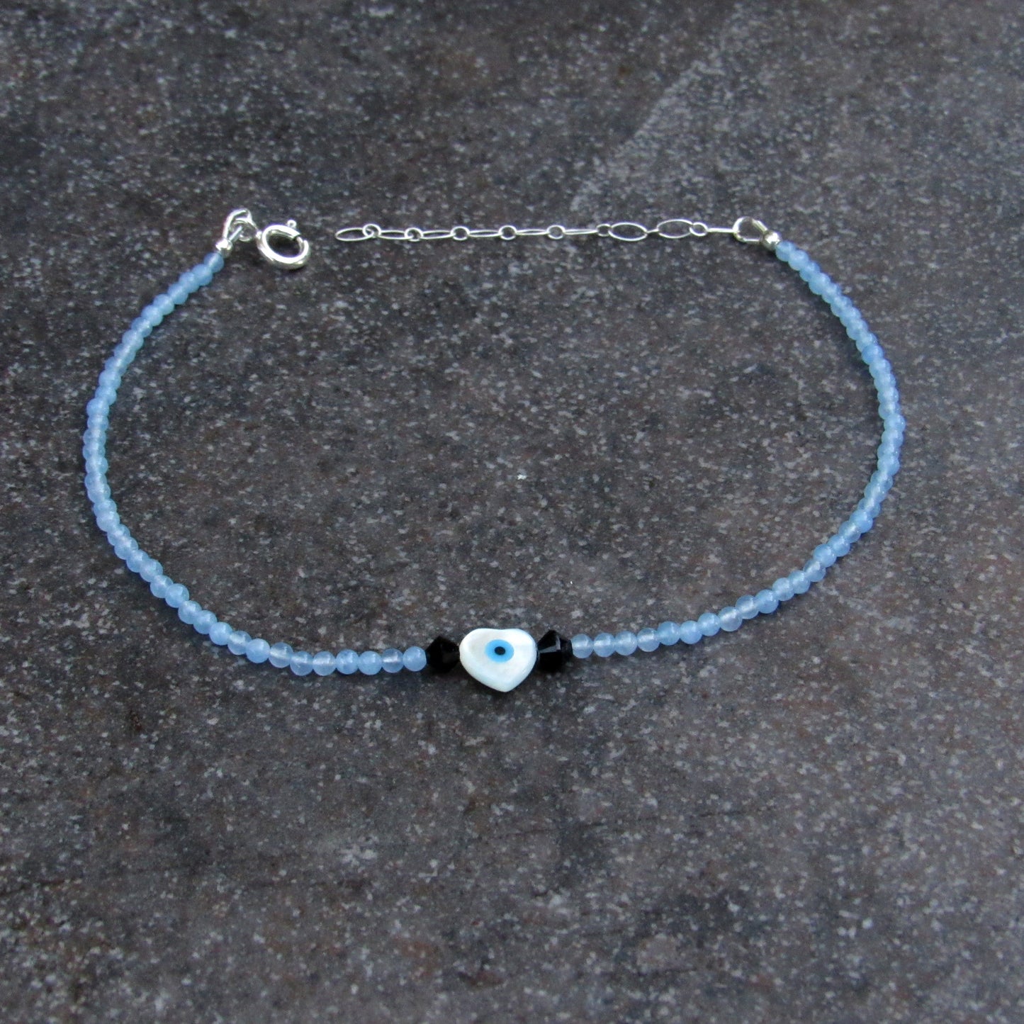 Protection Eye Mother of Pearl Heart and Chalcedony gemstone Anklet