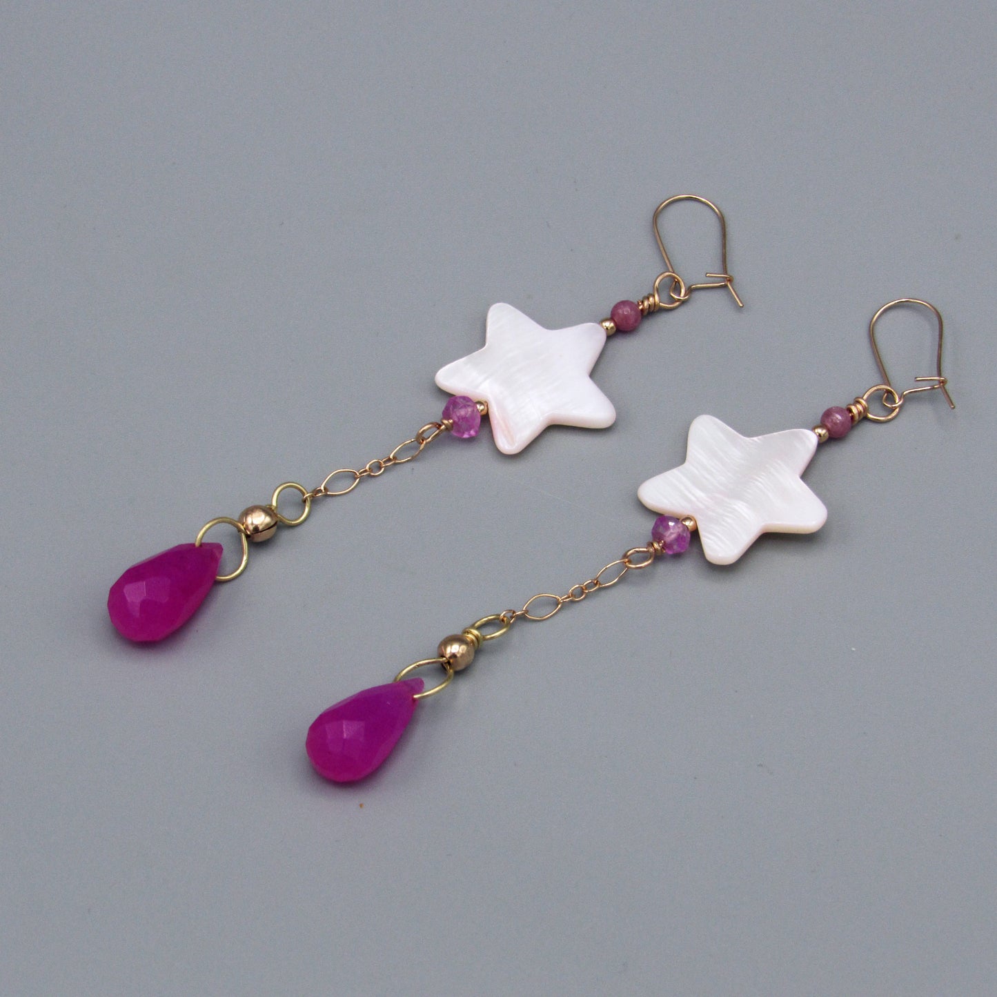 Pink Star Mother of Pearl, Pink Topaz, Pink Jade, Pink Tourmaline, 14 kt Rose GF Earrings