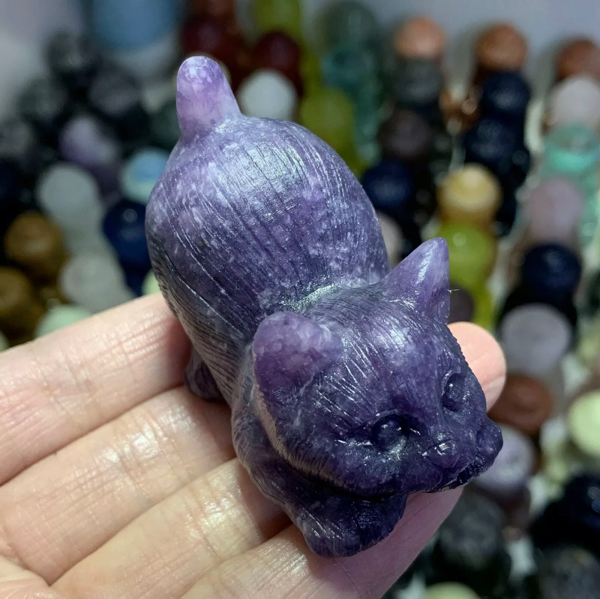 Natural Lilac Stone aka Lepidolite gemstone Kitty cat crystal figurine