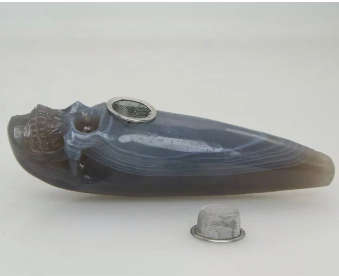 Gray Stripe Agate jade gemstone Skull Pipe