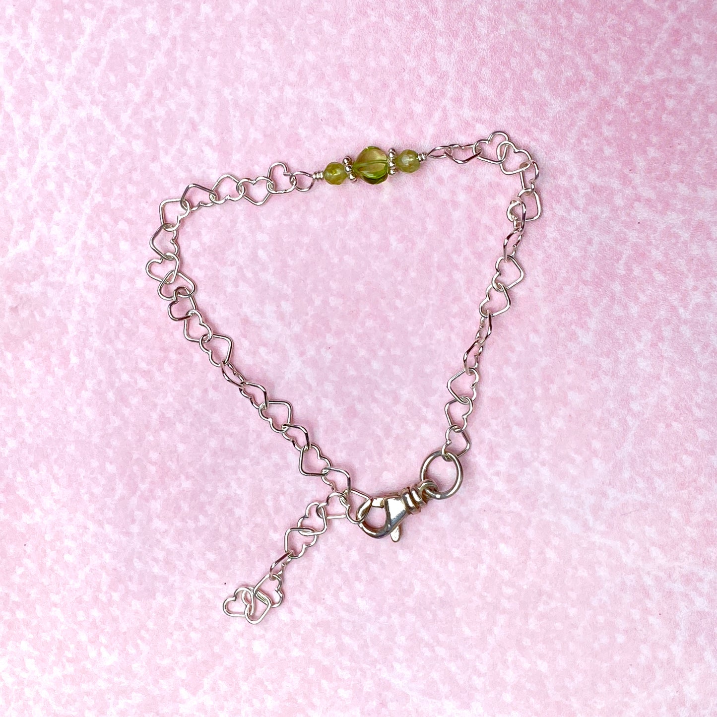 Peridot gemstone heart and silver heart chain bracelet with clasp