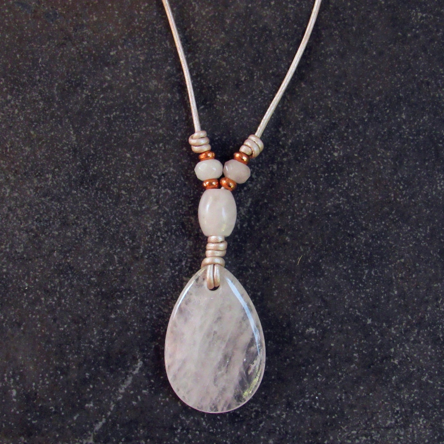 Rose Quartz and Copper on Pink Leather Necklace