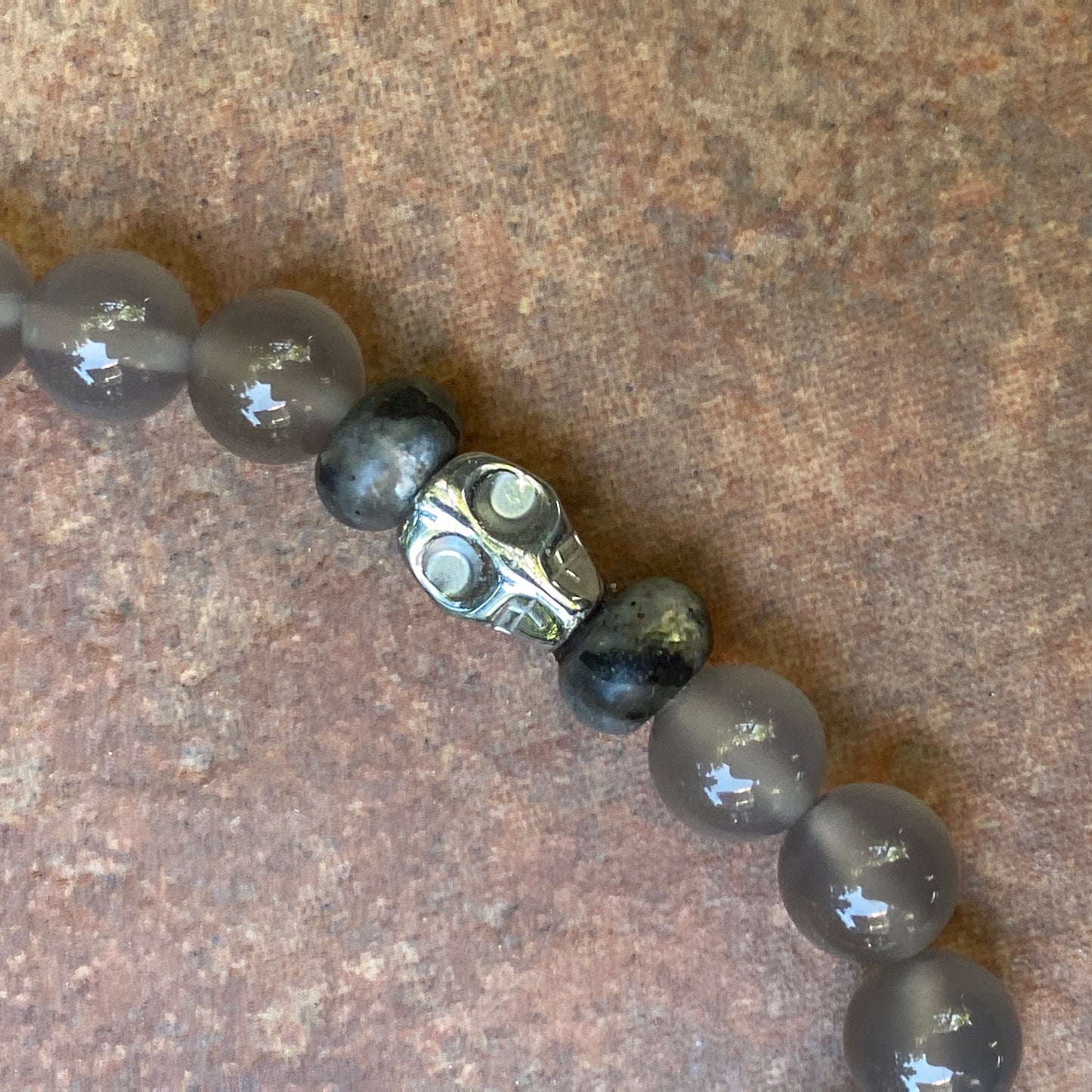 Men’s gray Agate, black Labradorite and hematite skull "Fuck" bracelet