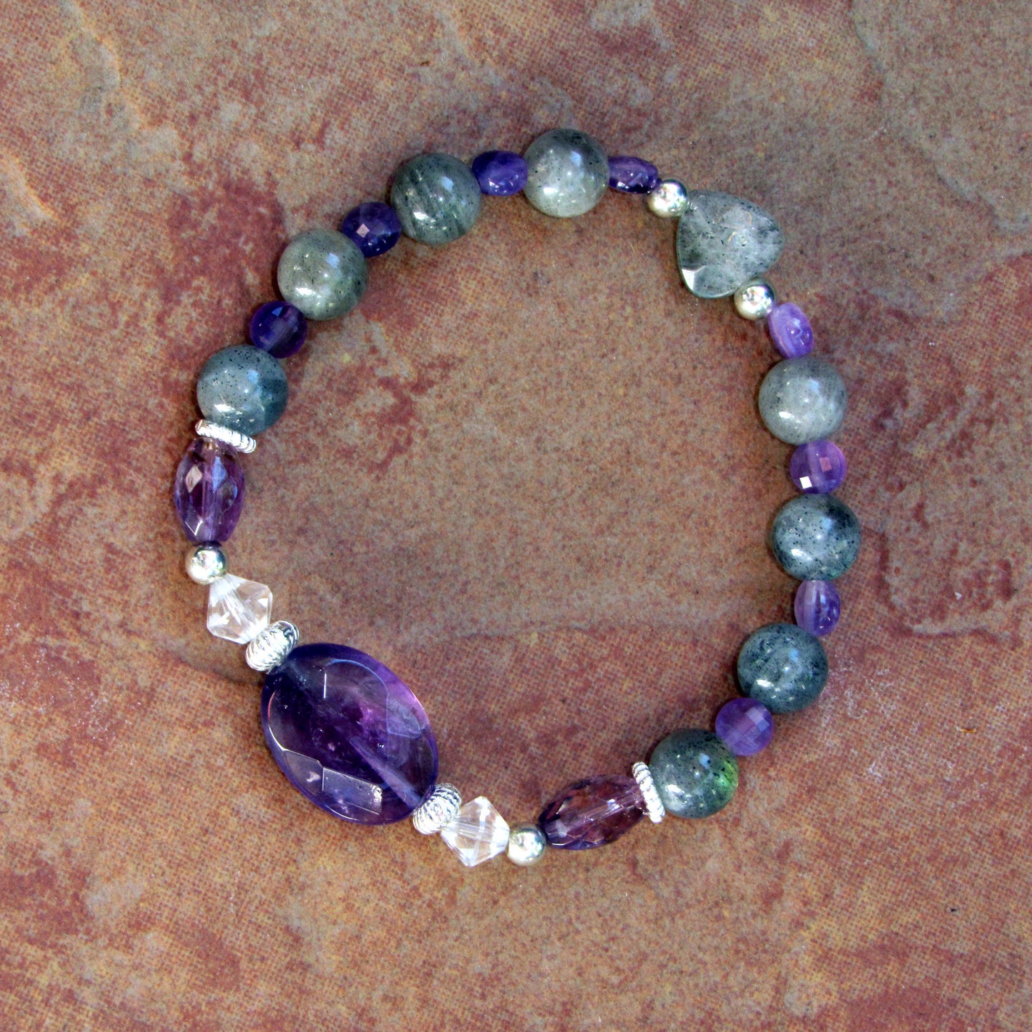 Amethyst Gemstones and Labradorite Heart, Clear Quartz, Stretch Bracelet w/ Sterling Silver