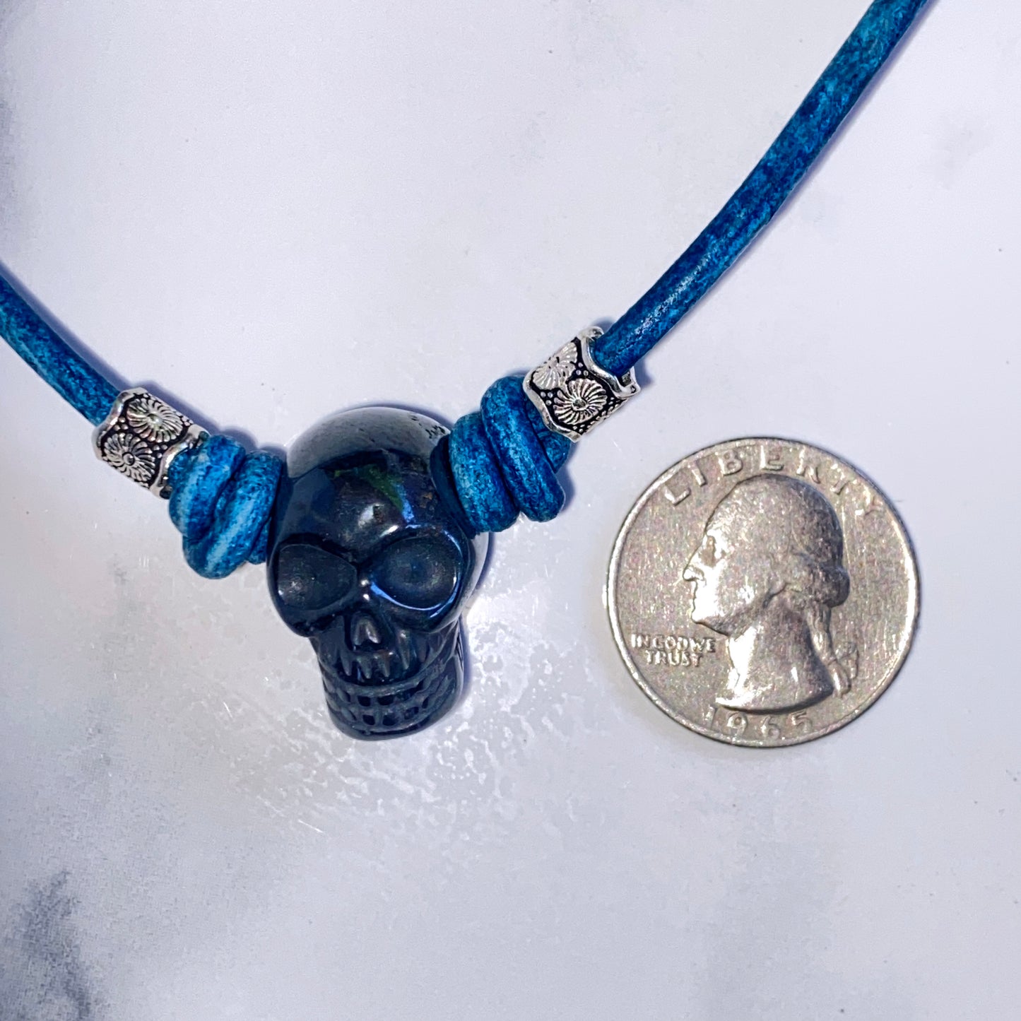 Hematite gemstone Skull and Sterling Silver on Leather Necklace