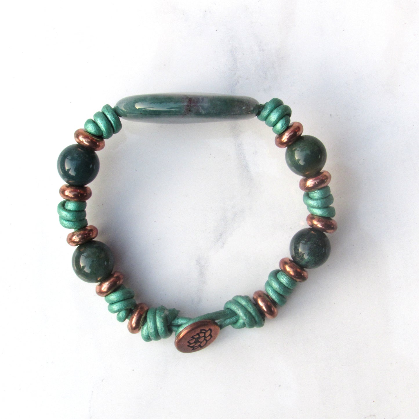 Natural Indian Agate gemstone and Copper Hand Knotted Leather Bracelet