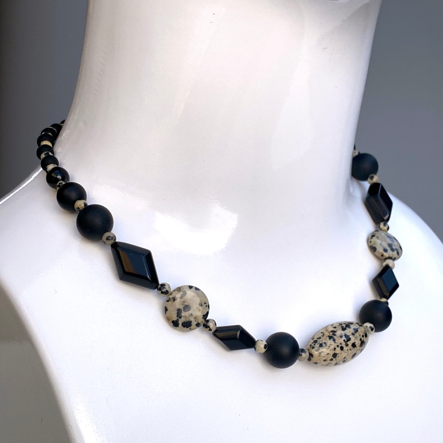 Dalmatian Jasper gemstone, Onyx, and Oxidized Sterling Silver Men’s Necklace