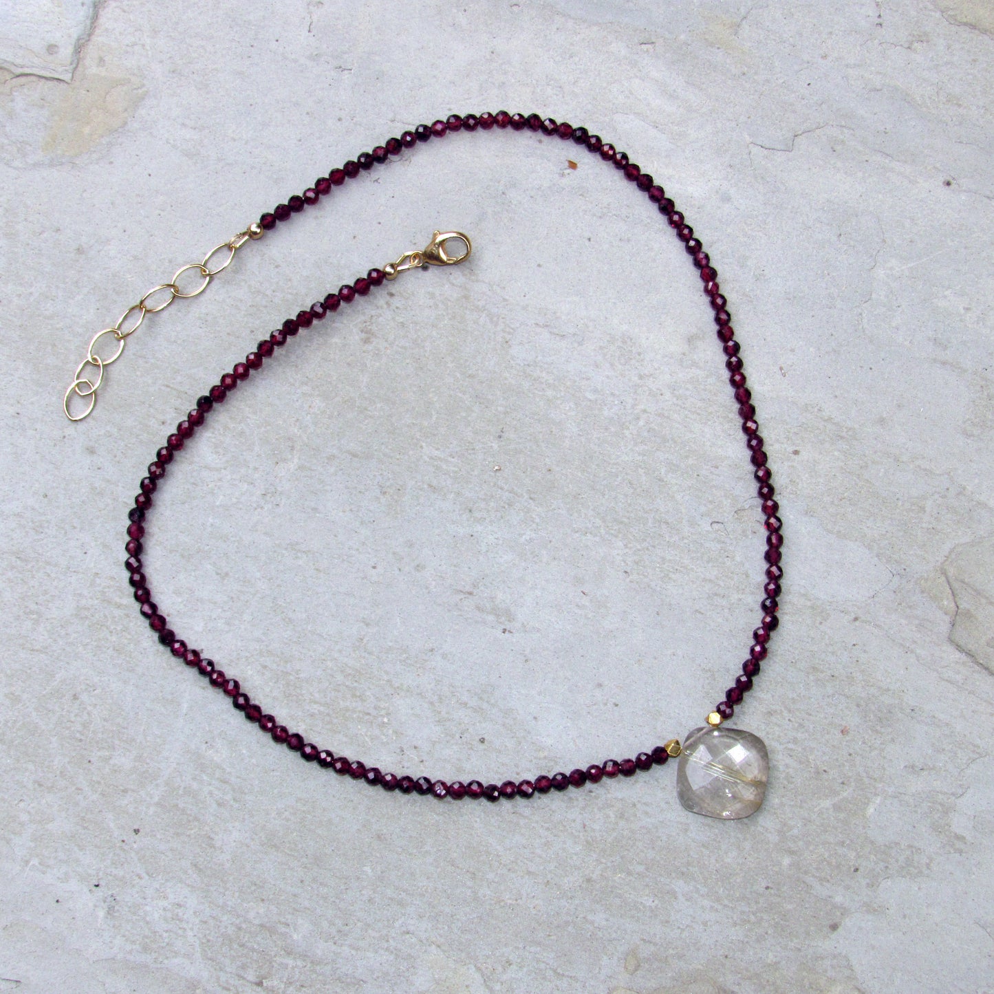 Rutilated Gold Gemstone w/ 14 Kt, and Garnet Gemstone Necklace