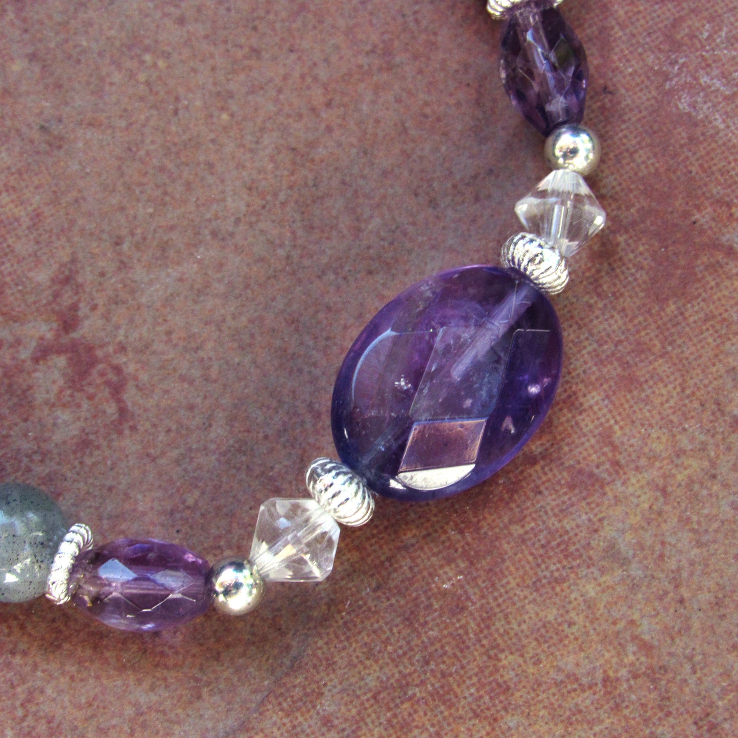 Amethyst Gemstones and Labradorite Heart, Clear Quartz, Stretch Bracelet w/ Sterling Silver