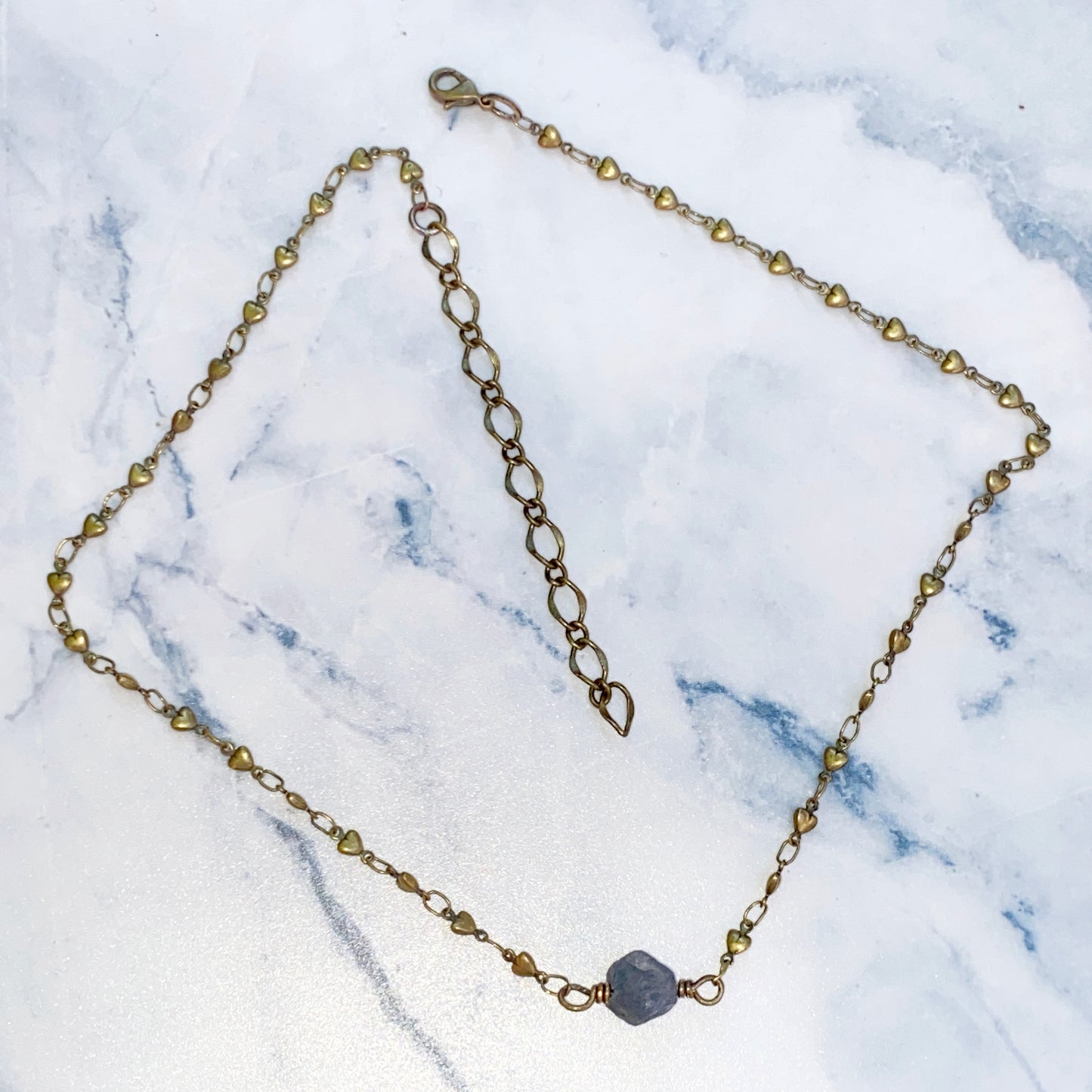 Raw Blue Sapphire gemstone on Brass Heart Chain Necklace