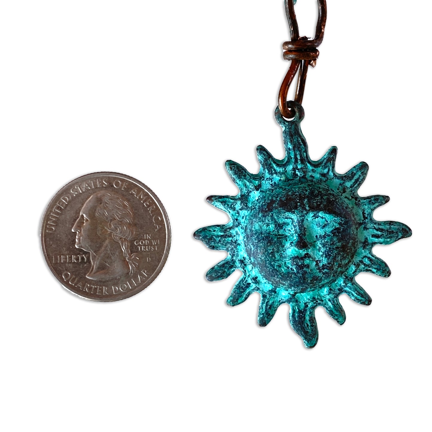 Natural Turquoise gemstone and copper Sun pendant beaded necklace