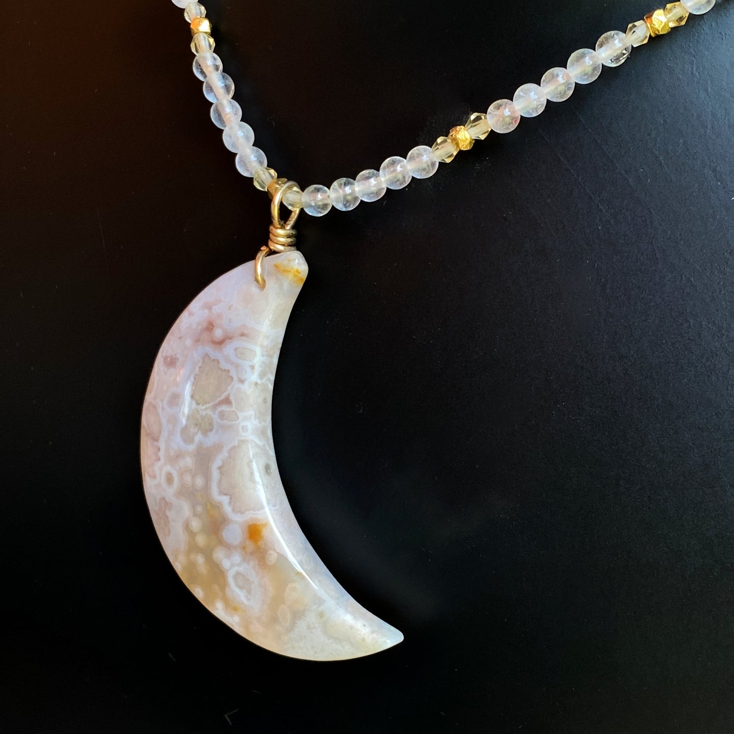 Cherry blossom agate moon pendant, on Rose quartz, citrine, 14 kt GF necklace