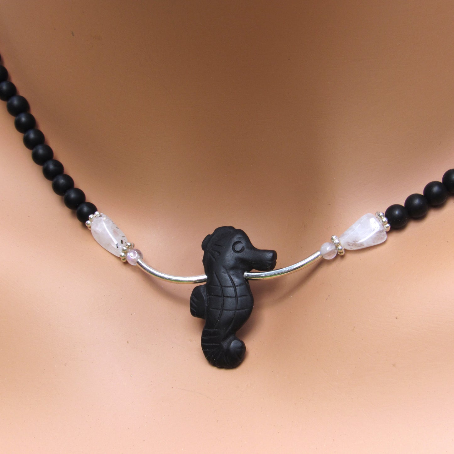 Onyx gemstone Seahorse, Onyx Beads, Moonstones, and Sterling Silver Necklace